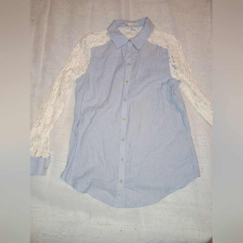 Hinge Striped Blue and White Lace Button-Down Shirt